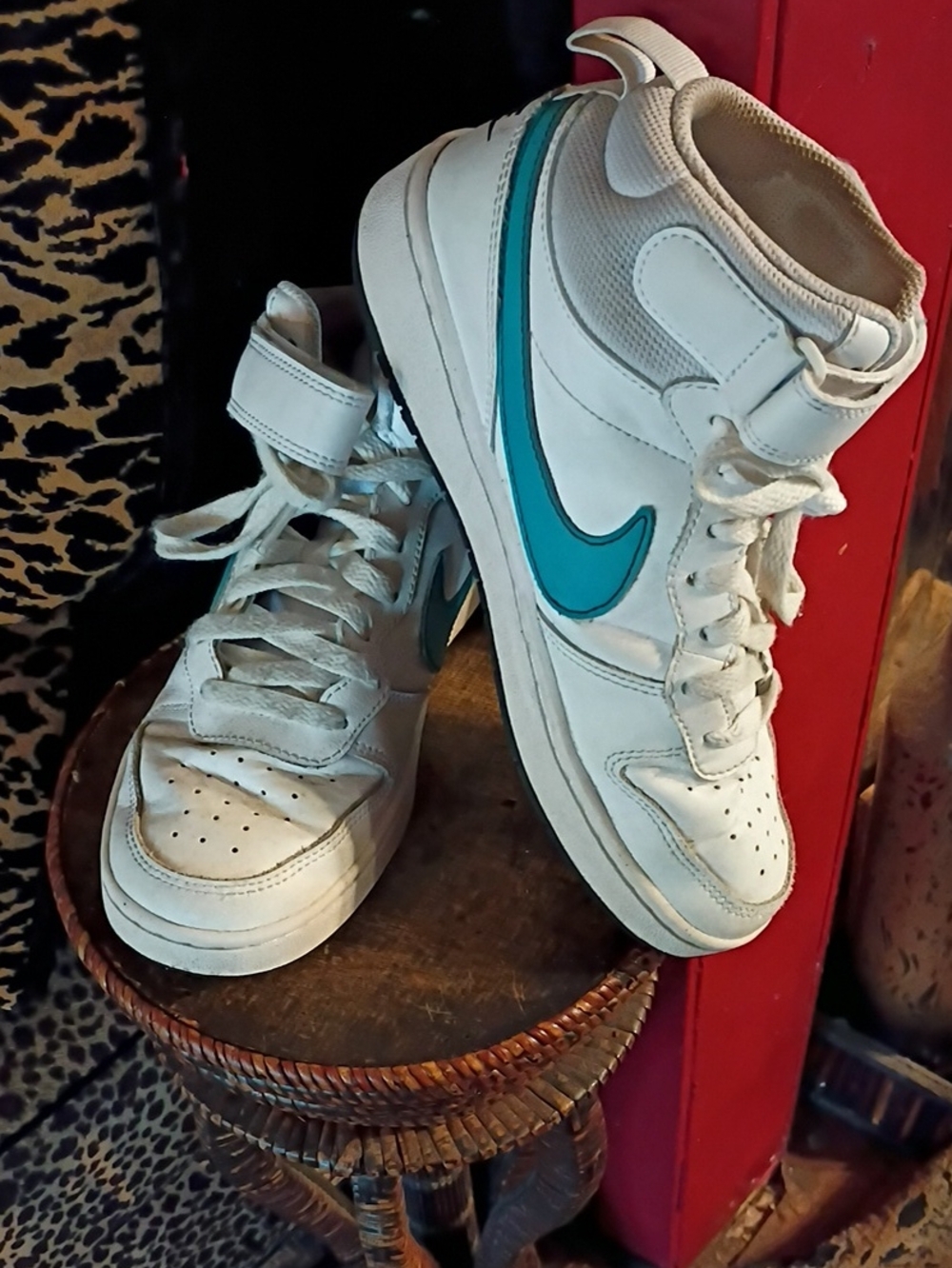 Nike White High-Top Sneakers with Teal Swoosh Accent